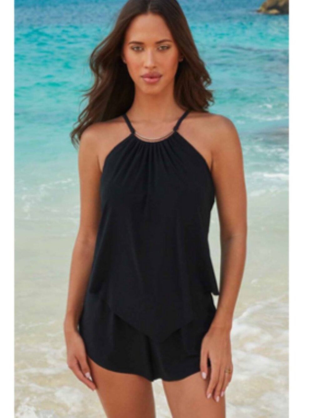 Magicsuit Black Halter One-Piece Swimdress with Layered Skirt